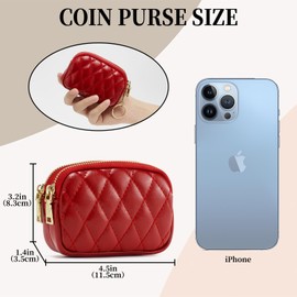 QIUTIMIY Women Leather Small Purse Pouch Cash Mini Coin Wallet Double Zipper Pocket with Keychain(Quilted Red)