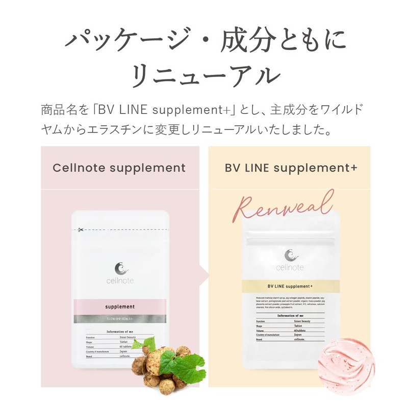 【バスト用サプリ】2袋セット cellnote BV LINE supplement+ セルノート BVライン サプリメントプラス 60粒 女性らしさを引き出すサプリ