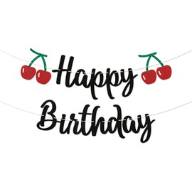 Cherry Birthday Banner - Cherry 1st Birthday Banner, Fruit Theme Bday Party Decorations Black Glitter