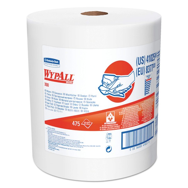 Wypall - 3600041025 WypAll 41025 X80 Cloths with HYDROKNIT, Jumbo Roll, 12 1/2w x 13.4 White, 475 Roll