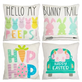 Easter Pillow Covers Linen Printed 45 x 45cm Set of 4 Bunny Trail Hello My Peeps Hip Hop Pattern Decorative Throw Pillowcases Durable Fade Resistant for Home Spring Easter Farmhouse Decoration