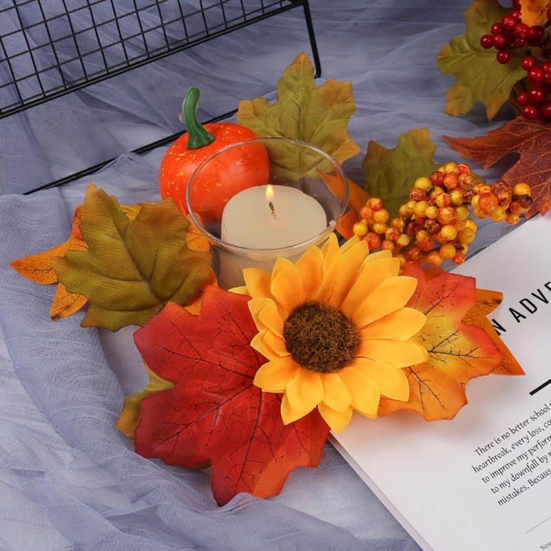 2 Pieces Thanksgiving Candle Rings Wreaths,Artificial Flower Maple Leaf Pumpkin