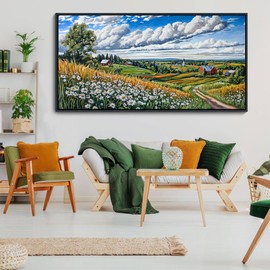 HKDGOKA Large Wall Art Living Room, Mountains Flower Landscape Blue Sky Clouds Landscape Canvas Paintings Cottage Framed Artwork for Bedroom Office Kitchen Room Wall Pictures Decor 29x58 IN