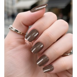 Morily Coffee Brown Glitter Press on Nails Short, Square Shaped Glitter Fake Stick on Nails for Women in 16 Sizes, 32 Pcs Reusable Full Cover Artificial False Fingernails