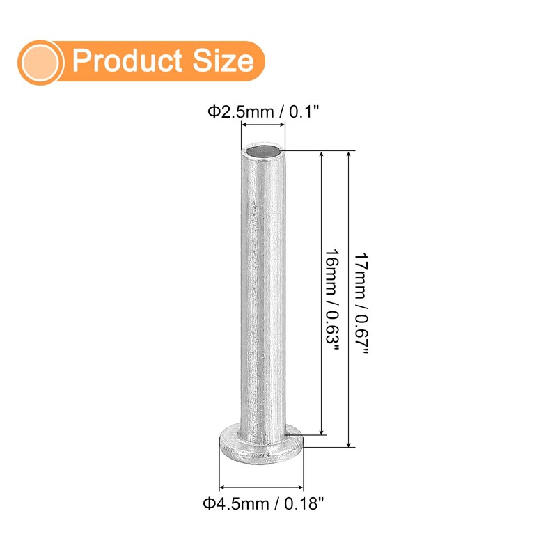 QUARKZMAN 50pcs Half Hollow Rivets 2.5mm x 16mm Aluminum Flat
