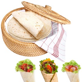 Milkary 10.2 Inches Rattan Tortilla Warmer, Handcrafted Tortilla Basket with Lid, Sustainable Brown Tortilla Holder Come with Cotton Towel Cloth Rustic Mexican Tortilla for Pancake Taco Bread