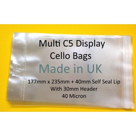 celloexpress EUROSLOT Multi C5-172mm x 230mm Plus 30mm Header with Euroslot - 40 Micron Cellophane Clear Display Bags Self Seal - Medium Cello - Pack of 100