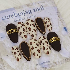 Chain Leopard Matte Handmade Nail Tips - Oval M / 체인 레오파드 무광 수제네일팁 - 오벌M