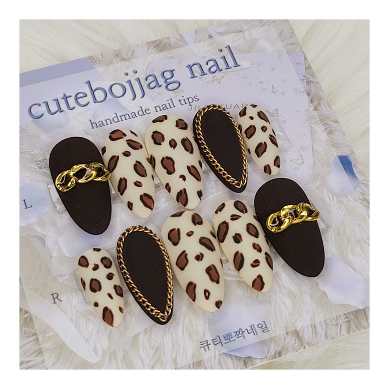 Chain Leopard Matte Handmade Nail Tips - Oval M /