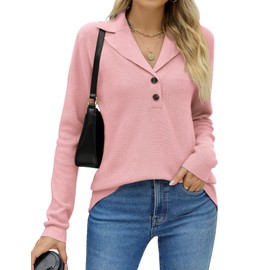 LOMON Fall Sweaters for Women 2025 V-Neck Button Lightweight Dressy Pullover Ladies Cute Knitted Collared Tunic Sweater Winter (Pink,Large)