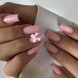 Nude Nails Bow Press on Nails Medium Length Fake Nails with Glossy Nude Pink Designs Cute False Nails Natural Nude Bows Acrylic Nails Cute Finger Manicure Decorations Artificial Nails for Women Girls