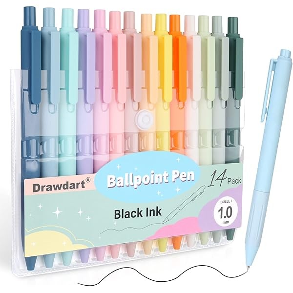 14-Pack Pastel Ballpoint Pens, Medium 1.0mm Black Ink, Retractable -