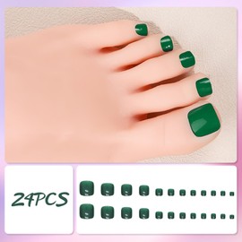 24Pcs French False Toenails, Short Square Green Press on Toe Nails, Solid Color Acrylic Fake Toe Nails in 12 Sizes, Cute Summer Artificial Beach Full Cover Stick on Toenails for Women DIY Manicure