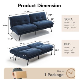 AMICLIBER 72" Convertible Futon Sofa Bed–Plush Terry Cloth Fabric Futon Couch Bed with Adjustable Backrest & Detachable Cushion, Morden Folding Loveseat for Living Room,Office,Apartment,Retro Blue