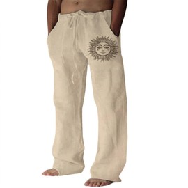Puimentiua Cotton Linen Pants Men, Summer Beach Pants Loose Fit with Elastic Waist Drawstring Khaki