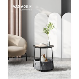 VASAGLE Small Round Side End Table, Modern Nightstand with Fabric Basket, Ebony Black and Slate Gray ULET223B01