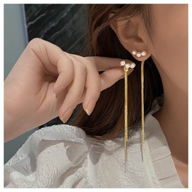 Cimenexe Bohemian Pearl Ear Jacket Earrings Gold Snake Bone Chain Earrings Long Snake Fringe Chandelier Earrings Herringbone tassel Chain Earrings Jewelry for Women and Girls