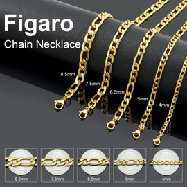 Bowisheet 7.5MM 18k Real Gold Plated Figaro Chain Necklace Stainless Steel Figaro Link Chain for Men Women 26 Inches