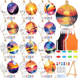 Supervitae 96 Pcs Pre Drawn Canvas Kit for Painting Kids Adults Sip and Paint Kit 5.9 Inch Round Pre Printed Canvas Painting for DIY Birthday Gifts Adult Date Party Favor, Landscape