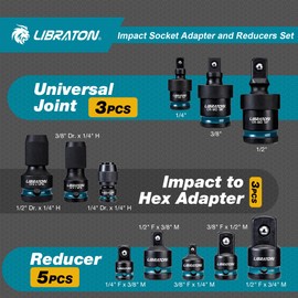 LIBRATON Impact Socket Adapter and Reducer Set 11PCS, Socket Adapter Reducers, Swivel Socket Adapters, Impact to 1/4 Hex Converters, Impact Wrench Adapters for Automotive Repair, with Blow Molded Box