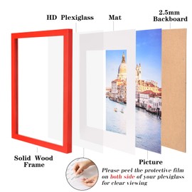 wyooxoo 11x17 Picture Frame Red Made of Solid Wood Photo Frames Display Pictures 8x12 with Mat or 11x17 Without Mat Colorful Frame For Tabletop Display or Wall