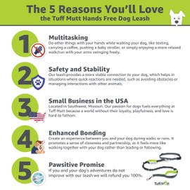 Tuff Mutt Hands Free Dog Leash for Walking Running Hiking, Waist Leash with Bungee, Adjustable Belt, Reflective Double Handle Design for Large Medium Dogs