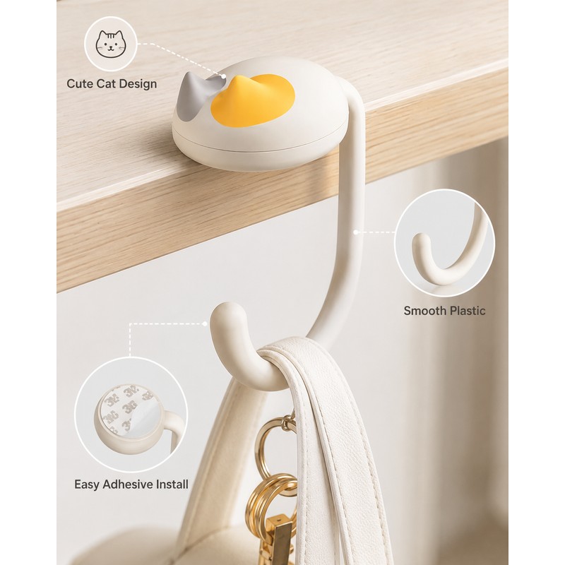 Cat Desk Hooks for Bags & Keys – 2-Pack Adhesive