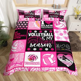 Volleyball Duvet Cover Set Queen Size,Geometric Plaid Patchwork Bedding Set 3pcs for Kids Girls Women Room Decor,Ball Sports Themed Comforter Cover Fashion Pink Black Quilt Cover,2 Pillowcases