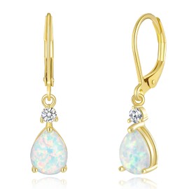 CiNily Small Gold Dangle Earrings Opal Leverback Drop Earrings for Women 14K Yellow Gold Plated Teardrop Gemstone Earrings