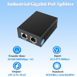 Industrial Gigabit PoE Splitter, Output DC 24V, Comply IEEE802.3af/at/bt 50W, 10/100/1000Mbps Power Over Ethernet Splitter Adapter for IP Camera, Non-PoE terminals (PS2450G)