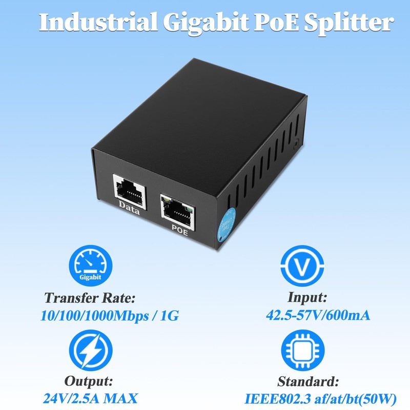 Industrial Gigabit PoE Splitter, Output DC 24V, Comply IEEE802.3af/at/bt 50W,