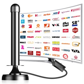 DVBT2 Antenna, Indoor Antenna DVB-T & DVB-T2 Antennas with Amplifier, Long Range and 360° Reception, Indoor Antenna for TVs with Strong Magnetic Base, Suitable for 4K 1080p & All TV-BV18010