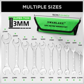 SWANLAKE 19Pcs Super-Thin Open End Wrench Set with Rolling Pouch, Carbon Steel SAE & Metric, 1/4" to 1-1/16" and 5.5mm to 27mm Slim Spanner Wrench Set (19pcs METRIC & SAE)