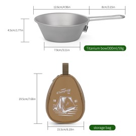 ZING TTI Titanium Camping Bowl 10 oz (4 Pack), Stackable Titanium Bowl with Handle and Storage Bag, Round Rice Bowl, for Picnic, Dinner Party, Suitable for RV Travel, Camping and Backpacking