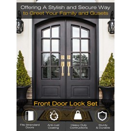 Gold Double Door Handle Set, Front Door Lock Set with Deadbolt, Front Door Handle for Exterior Door, Keyed Entry Door Lever, Left & Right Doors Reversible, Front Door Hardware, Satin Brass Finish