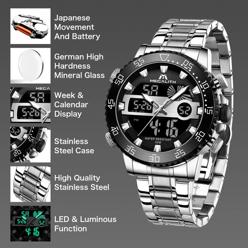 MEGALITH Watches for Men Military Digital: Silver Stainless Steel Waterproof