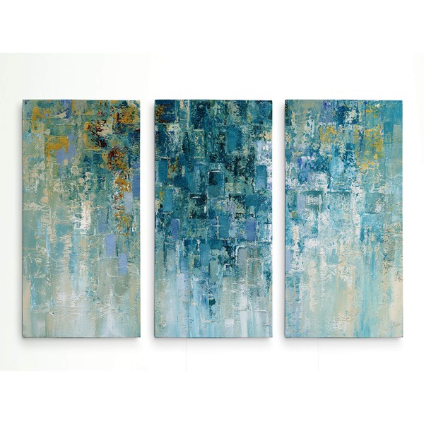 Renditions Gallery Canvas Nature Wall Art I Love the Rain Greenish Blue Abstract Paintings for Office Living Room Kitchen Decorations - 16"x32"x3panels LT29