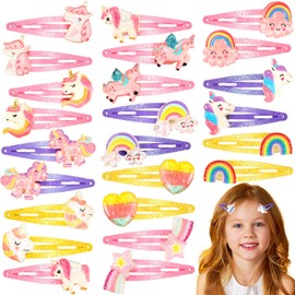 Hanaive 24 Pcs Rainbow Unicorn Clips Metal Clips Butterfly Snap Barrettes Cute Mermaid Hair Pins Sparkly Animal Hair Accessories for Toddlers Little Girls Birthday Party Gifts(Rainbow Pattern)