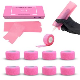 EZ Tattoo Machine Covers with Grip Tapes - 9 Pieces (2.5 cm x 4.5 m) Tattoo Grip Tapes with 200 Pieces (5 cm x 16 cm) Pink Disposable Tattoo Pen Machine Covers