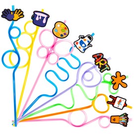 24 Art Drinking Crazy Straws for Kids | Art Themed Artist Birthday Party Supplies Favors Decorations with 24 PVC Painting Charm, 2 Cleaning Brushes Reusable Straw