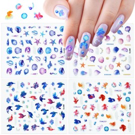 4 Blätter Sommer Nagelsticker Meerestiere Ocean Nagelaufkleber Selbstklebend, Nagel Stickers, Beach Nagelsticker Muscheln Seestern, Nail Art Stickers, Nagelsticker Geprägt für DIY Nagel Dekoration