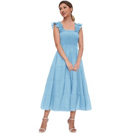 ROYLAMP - Vestido de verano para mujer, con volantes, cuello cuadrado, cintura alta, escalonado, línea A, fluido, vestido midi para el sol, Azul/claro, Small