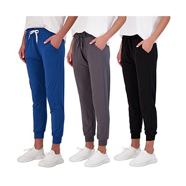 Real Essentials 3 Pack: Women's Lounge Jogger Soft Sleepwear Pajamas Loungewear Yoga Pant Active Athletic Track Running Workout Casual wear Ladies Yoga Sweatpants Pockets-Set 2,XL