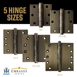 Embassy Door Hinge Solid Brass - 4 x 4 Inch, Heavy Duty, Antique Brass, Ball Bearings, Rust Resistant Stainless Steel Pin, Architectural Designer Grade, Home Improvement, 3 Pack