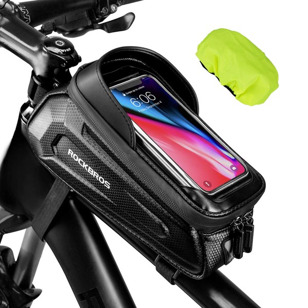 ROCKBROS Bike Bag, EVA Waterproof Mount Holder Front Frame Top Tube Handlebar Bicycle Accessories Pouch with Rain Cover Compatible Phones Under 6.8”