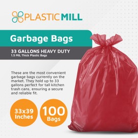 PlasticMill 33 Gallon Garbage Bags: Red, 1.5 MIL, 33x39, 100 Bags.