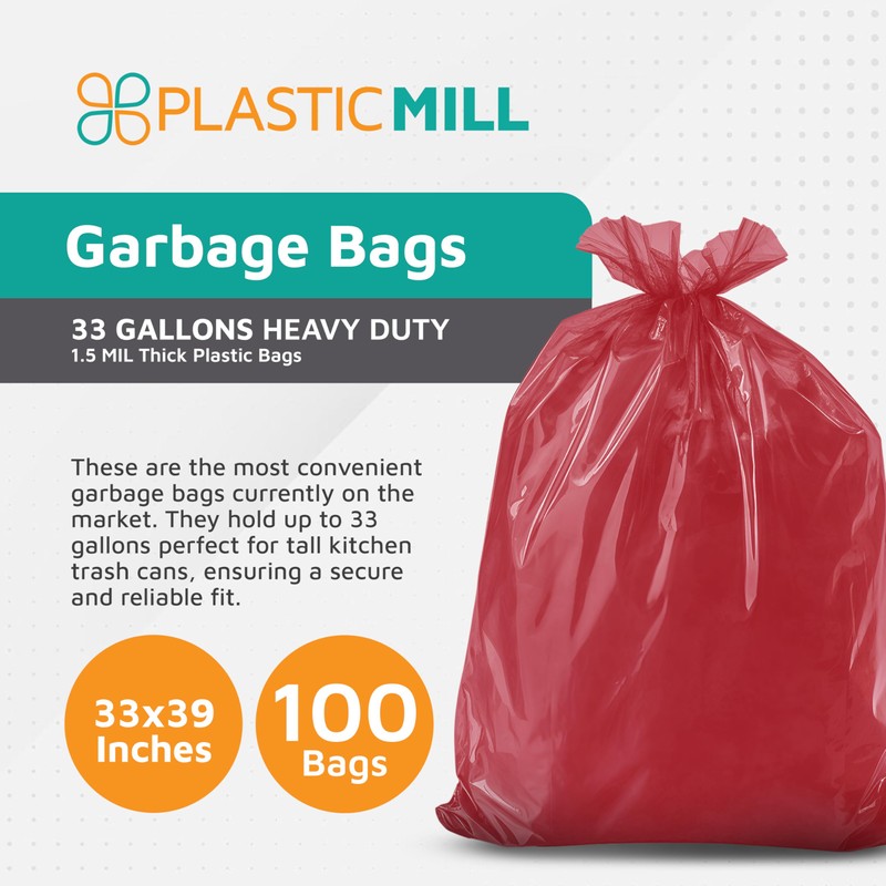 PlasticMill 33 Gallon Garbage Bags: Red, 1.5 MIL, 33x39, 100