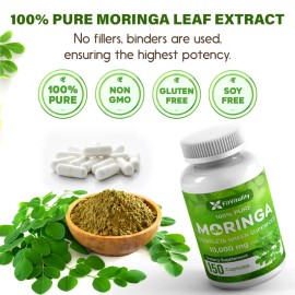 Moringa Oleifera Capsules – 10,000mg Strength, 150 Count, 100% Pure Moringa Leaf Extract, Non-GMO, Gluten-Free Superfood Supplement