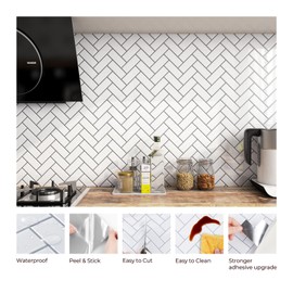 FunStick 15 Pcs White Peel and Stick Backsplash Tiles for Kitchen Bathroom 12"x12" Removable Herringbone Back Splash Stick on Tiles for Kitchen White Wall Tile Stickers for Shower Laundry Room
