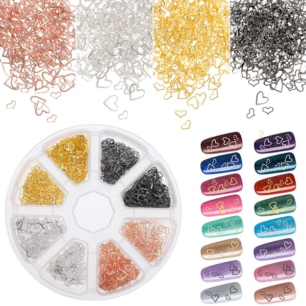 2000 Pieces Heart Nail Art Decals Metal Heart Nail Charm Studs Stickers 3D Hollow Love Heart Rivet Nails Art Decorations Mixed Size for Women Girls DIY Manicure Accessory Nail Design Decoration